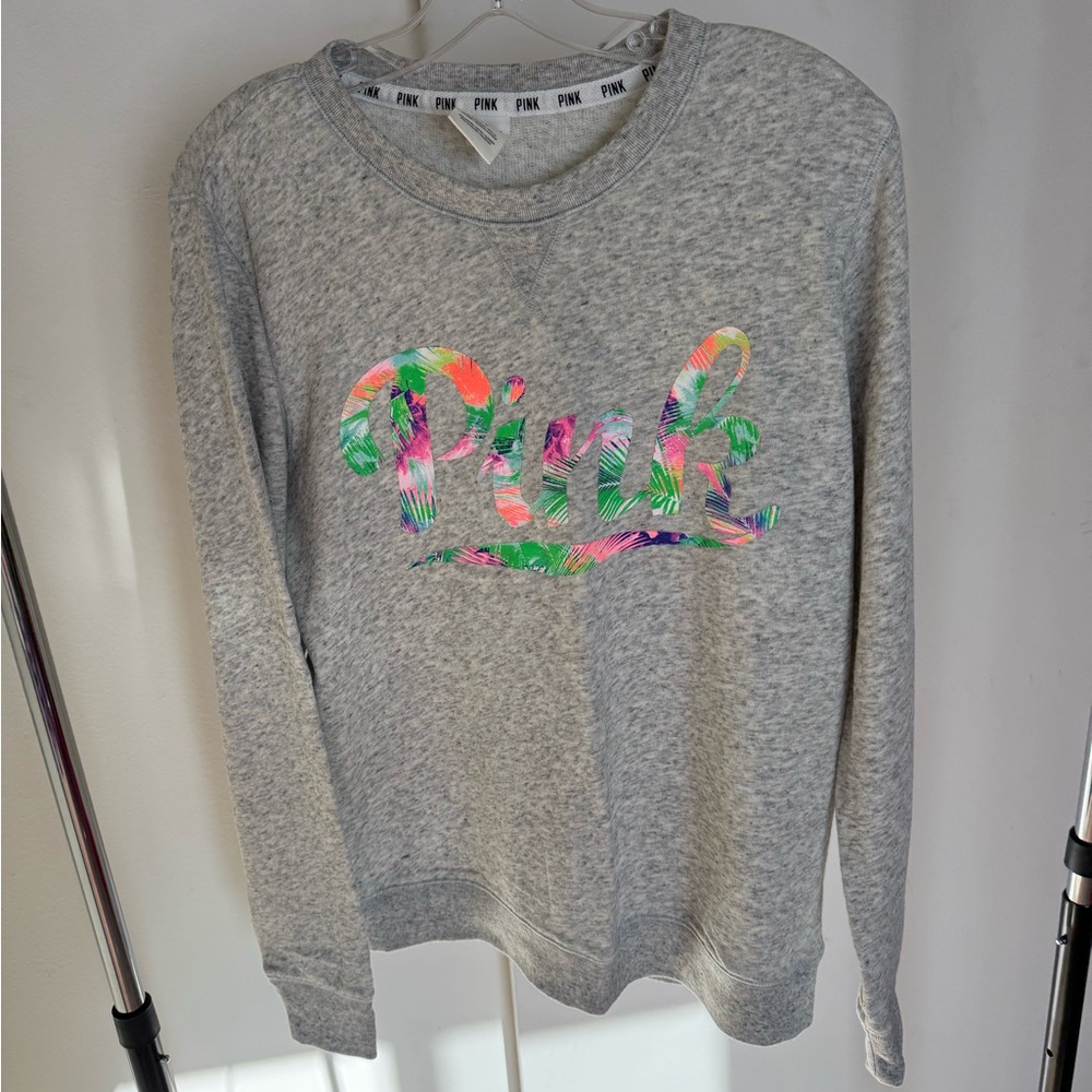 EUC V.S. PINK Small Gray Crewneck with Tropical Screenprint